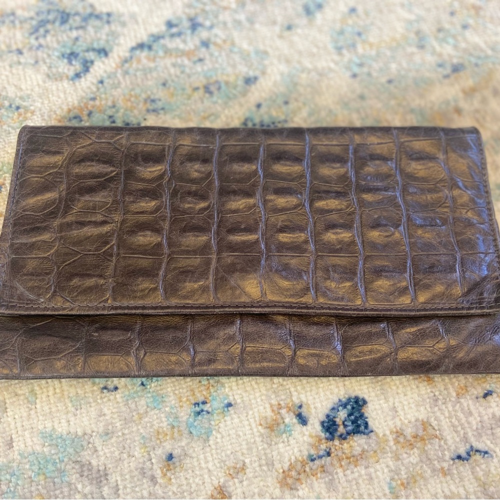 Gray Crocodile Embossed Leather Clutch